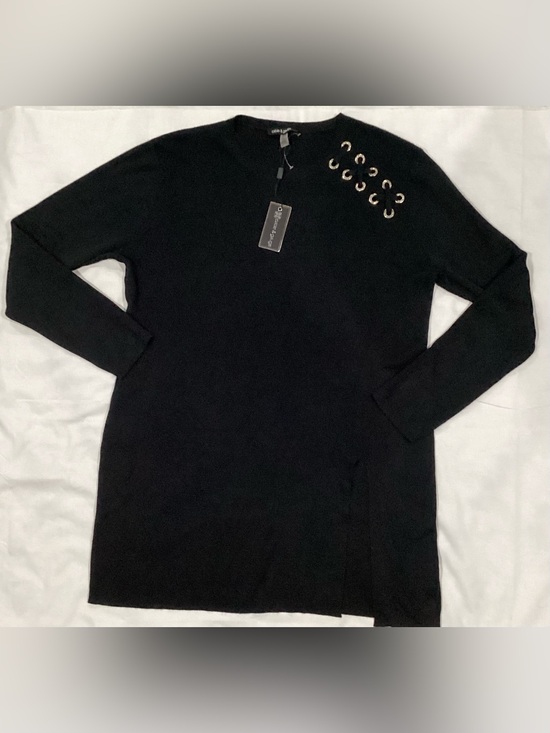 Cable & Gauge Sweaters - Cable & Gauge Black Lace-Up Shoulder Grommet Detail Long Sleeve Sweater Dress